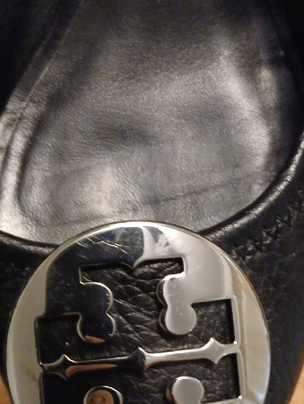 Tory Burch Black Pebble Leather Peep-Toe Wedges with Silver  Medallion Size 8M